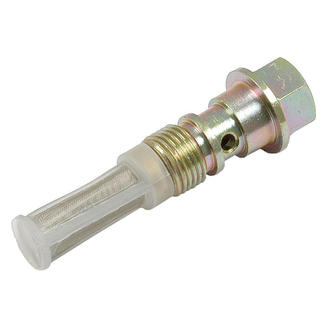 A Sparex Banjo Bolt 5/8 (Sparex Part No. S.42685) is a cylindrical metal oil drain plug featuring a mesh filter and threaded end, commonly used in Massey Ferguson or Landini tractors for various automotive or mechanical applications.