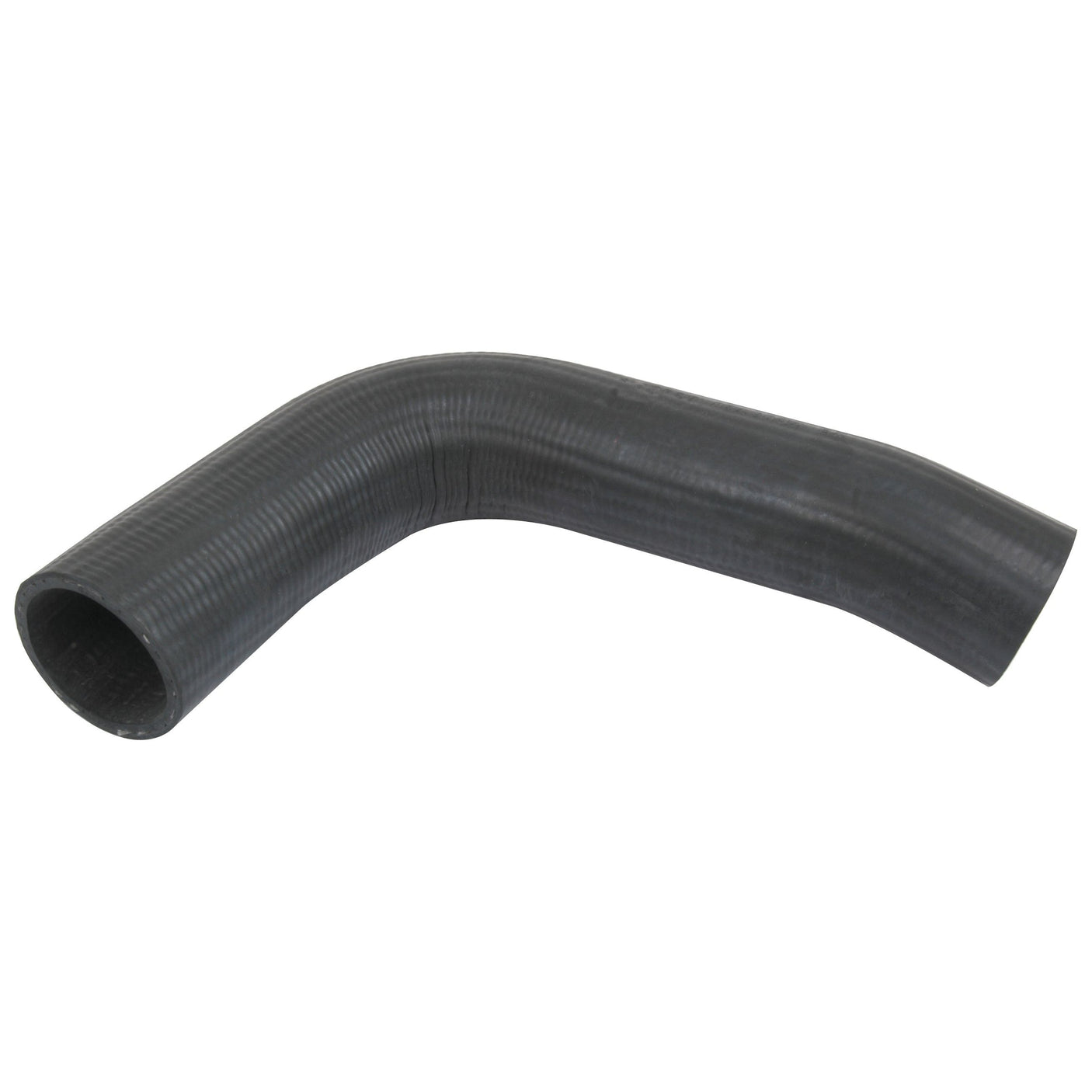 A black, flexible rubber hose with a 90-degree bend, perfect for use with Massey Ferguson tractors. The Top Hose (Sparex Part No. S.42687) has an inner diameter of 40mm at the smaller end and 44mm at the larger end.