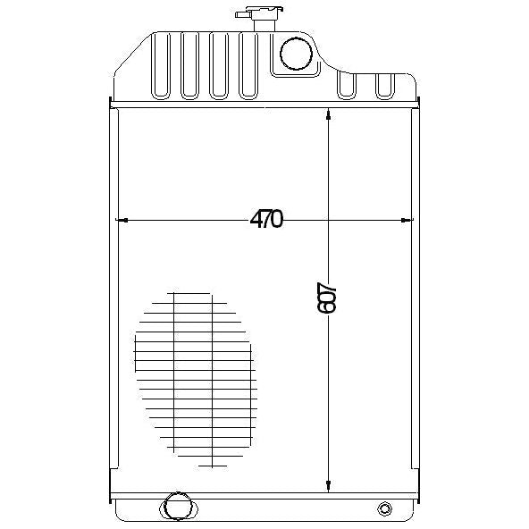 Technical drawing of a rectangular radiator labeled as 470 mm by 87 mm, identified as the Radiator - S.42704 by Sparex. The radiator features a cylindrical opening on top and a circular element near the bottom, resembling an intercooler.