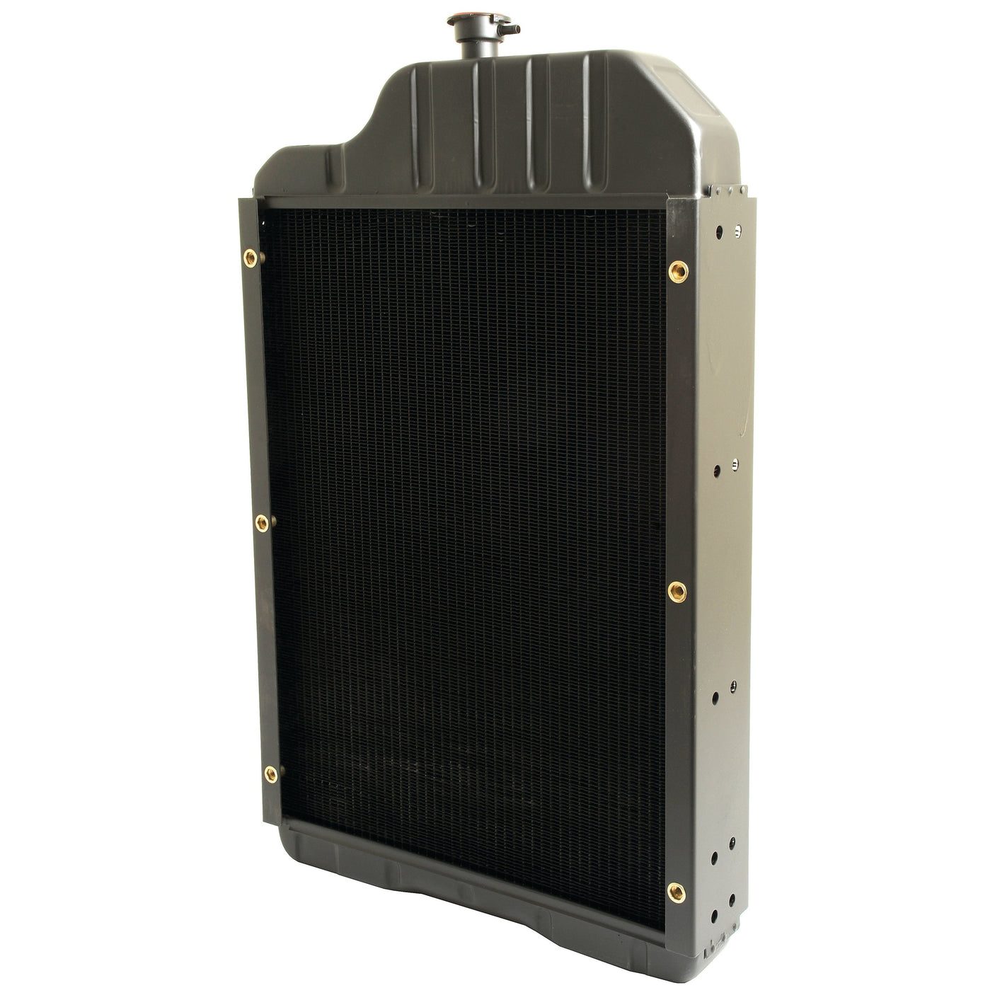 A vertical Radiator - S.42704 from Sparex, featuring a black metal frame with multiple holes on the sides and topped with a Sparex radiator cap.