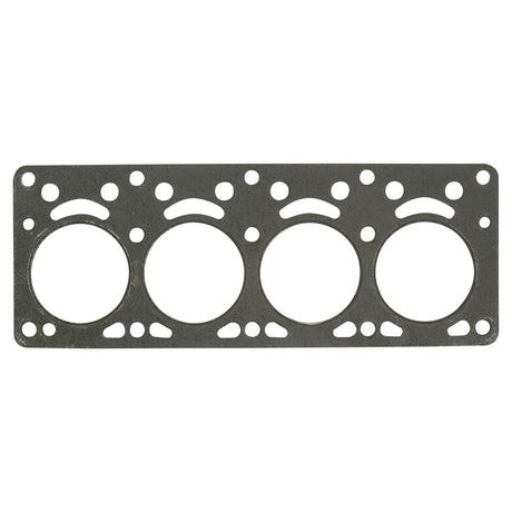 The Head Gasket - 4 Cyl. from Sparex (Part No. S.42723) is a flat, rectangular metal gasket for a Massey Ferguson that features four circular cutouts and multiple small holes around the perimeter.