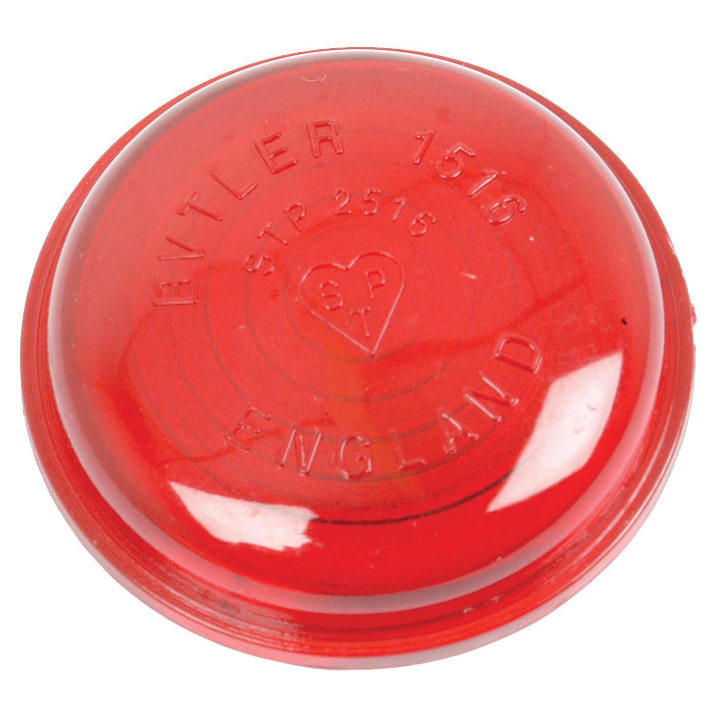 The Replacement Lens (fits S.43041, S.43143 & S.43144 - S.42728) by Sparex is a red circular rear light featuring embossed text that reads "EVTLER 1516 STP 2575 ENGLAND" and includes a heart symbol with "SP" inside it, and is marked as Sparex E Approved.