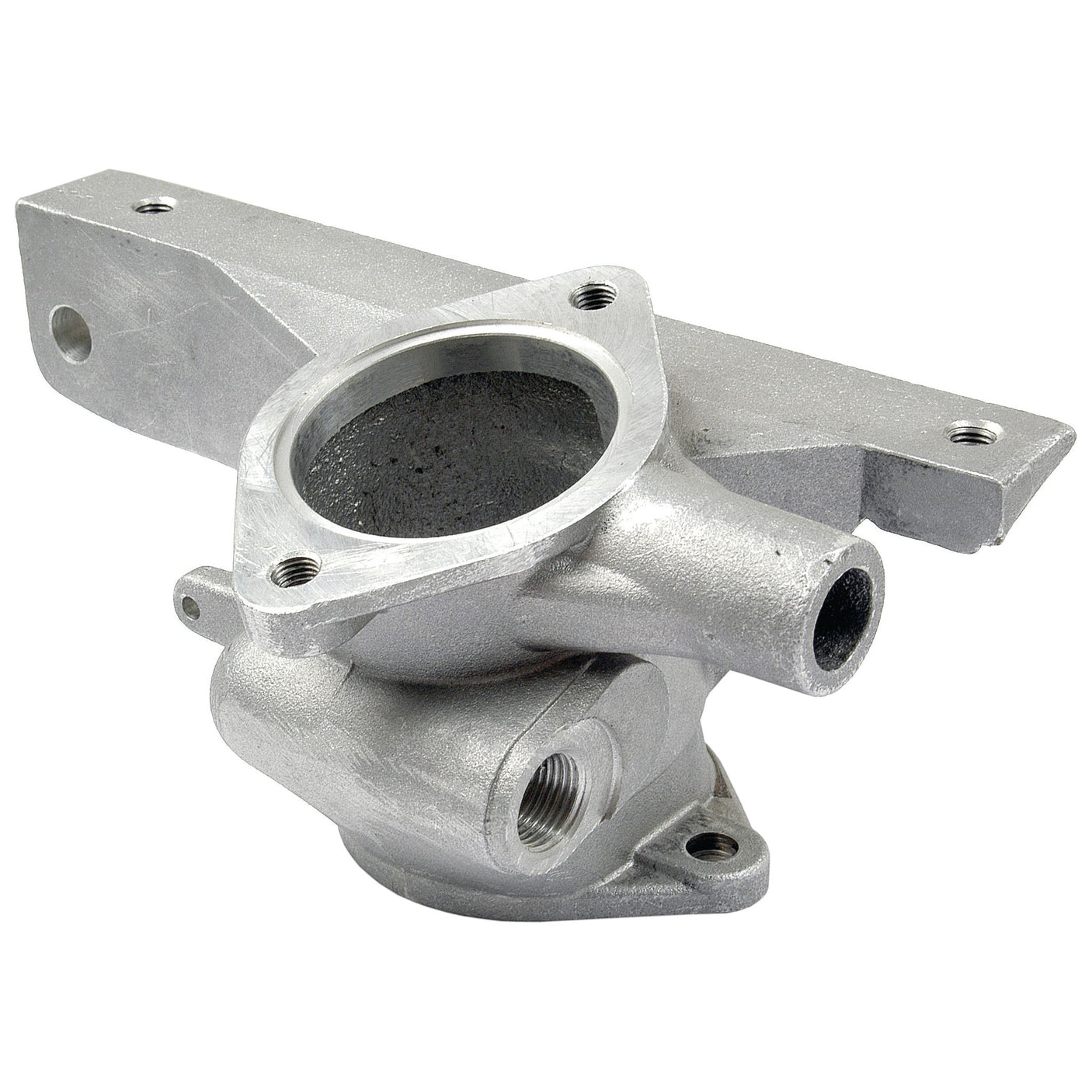 A metallic automotive part, the Thermostat Housing (Sparex Part No. S.42732) by Sparex, used in Landini or Massey Ferguson machinery, features multiple holes and cylindrical extensions. It is depicted against a plain white background.