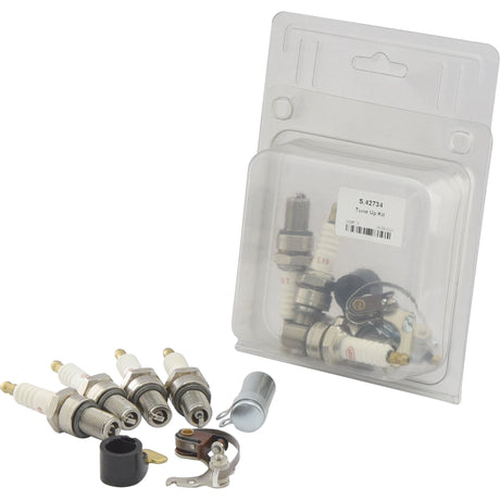 An Ignition Kit - S.42734 from the brand Sparex, containing spark plugs and various other components, is displayed with some parts outside of the transparent packaging.