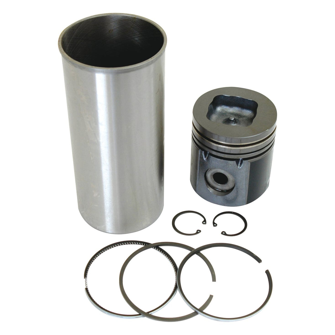 A metal cylinder, piston, two retaining clips, and three piston rings are displayed on a white background. This assembly is part of the Piston Ring and Liner Kit (Sparex Part No. S.42737) designed for Massey Ferguson tractors with a bore of 100mm from the Sparex brand.