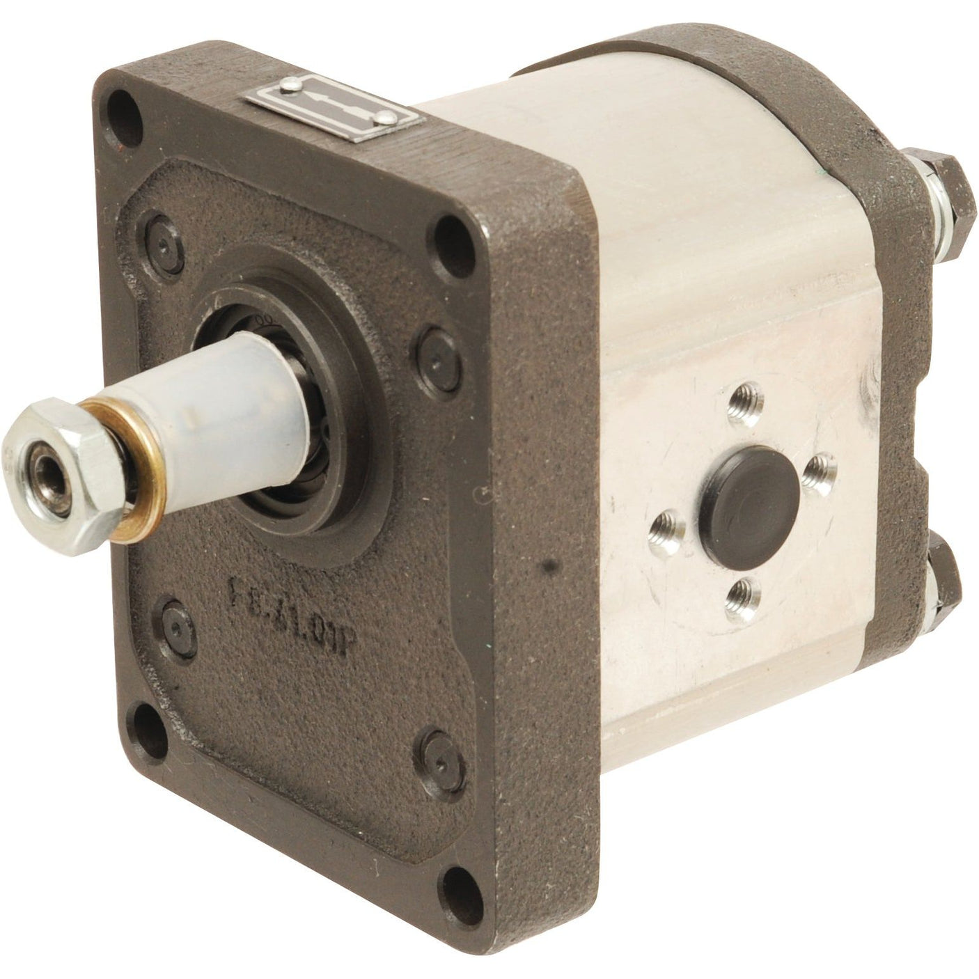 A close-up view of the Sparex Single Hydraulic Pump - S.42750, featuring a metallic body with an exposed mechanical component, a metal shaft, and a square mounting plate secured by M6 bolts.