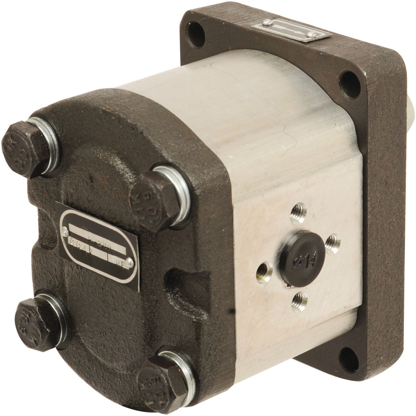 The Sparex Single Hydraulic Pump (S.42750) is a square-shaped metallic gear pump that features a black housing with four bolts on the face, a central label, and M6 threading.