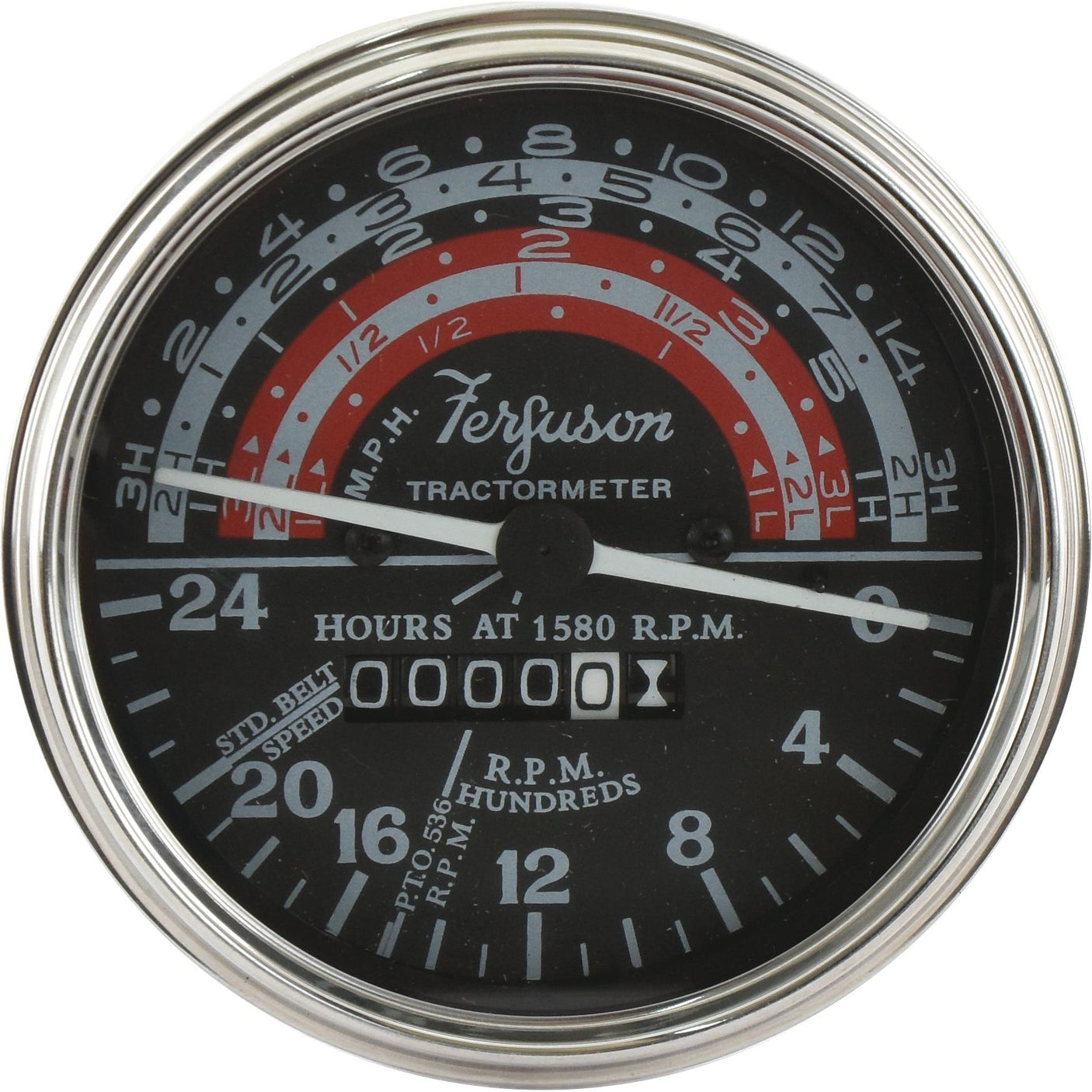 A close-up of a Sparex tachometer (KPH), part number S.42754, shows hours at 1580 RPM. The gauge displays various speed ranges and RPM settings in both red and black.