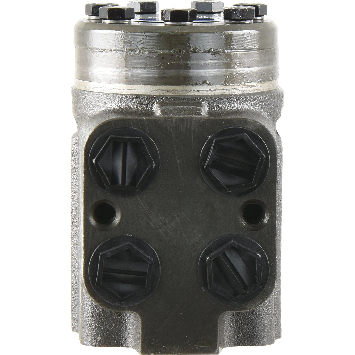 The Orbital Steering Unit (Sparex Part No. S.42755) from Sparex is a rectangular metallic hydraulic pump component with four hexagonal black bolt holes and top bolts, designed to be compatible with Massey Ferguson models and Danfoss 150N2228.