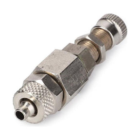 Close-up of the AGCO Massey Ferguson Blow Off Valve (Part Number: 4275874M91), showcasing its metallic pneumatic fitting with a knurled grip and hexagonal nut, featuring threaded ends and a central connecting piece, ideal for air hose connections in Massey Ferguson machinery.