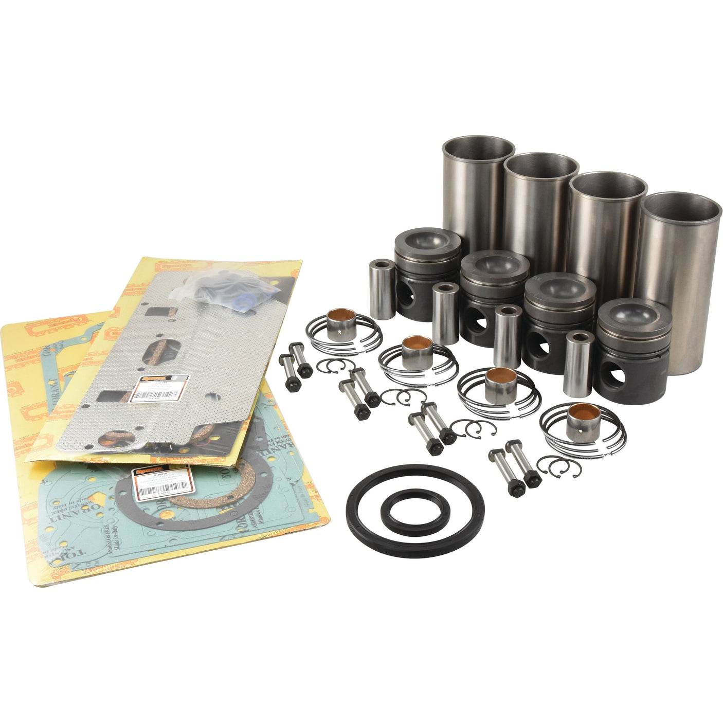 A comprehensive Sparex Engine Overhaul Kit without Valve Train (Finished) - S.42769, featuring cylinders, pistons, rings, gaskets, and seals spread out in an organized manner.