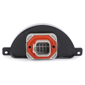 A close-up image of a Massey Ferguson Side Console Switch Module (model number 4277894M1) by AGCO, featuring a circular black casing and an orange-bordered face housing multiple pins.