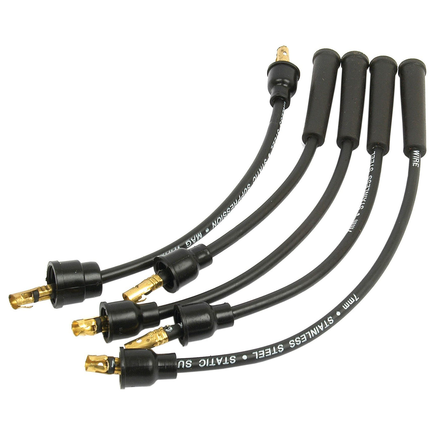 The Spark Plug Cable Set 4 Cyl., Sparex Part No. S.42779, features four black ignition cables with gold-plated connectors, compatible with Continental 4 cyl Engines, displayed on a white background.