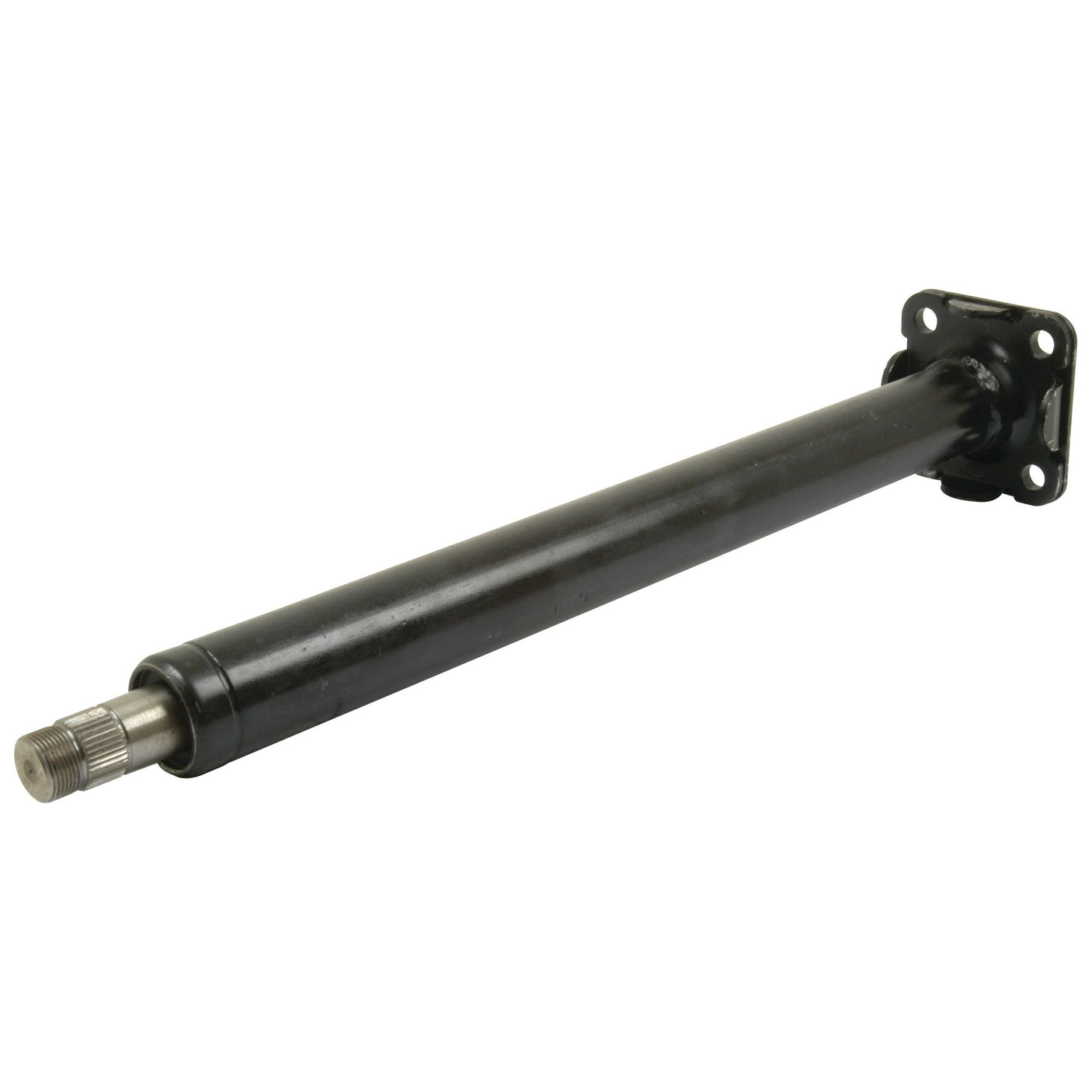 Image of a black cylindrical Sparex Steering Column (Part No. S.42785) with a shiny metal end and mounting flange, suitable for Massey Ferguson tractors.