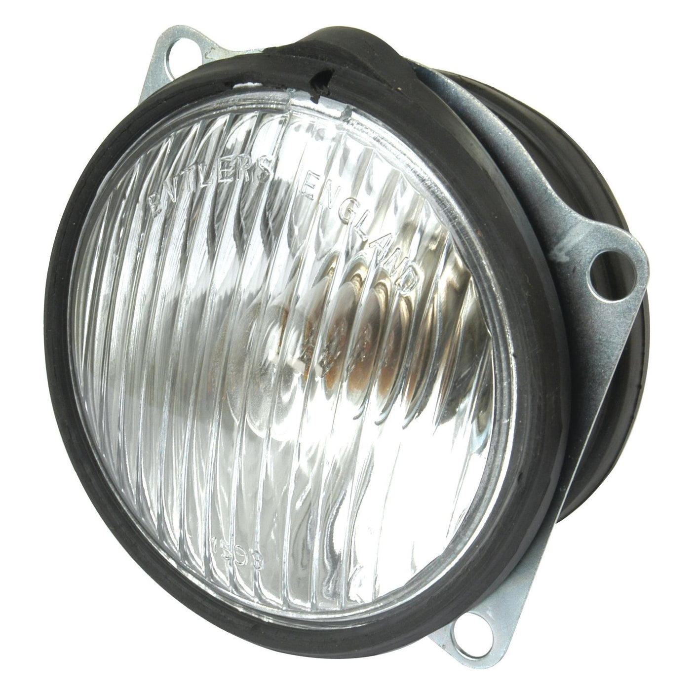 Close-up view of the Sparex Head Light (Halogen), RH & LH, Straight, 12V - S.4278, featuring a clear ribbed lens, black rubber gasket, and metal housing. Inside, you’ll find a powerful 12V 50W halogen light bulb.