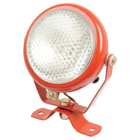 A Sparex Work Light (Halogen), model S.42792, is a red circular industrial light featuring a textured glass lens, mounted on a metal bracket with adjustable screws, suitable for both RH & LH applications and operating at 12V.