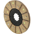 The Sparex Brake Friction Disc (Sparex Part No.S.42793) features a circular metallic clutch plate with radial slots and a black centered hub featuring a splined inner ring. Specifically designed for models like the Landini 5500, this disc offers superior performance with its optional organic lining. It has an outer diameter of 165mm.