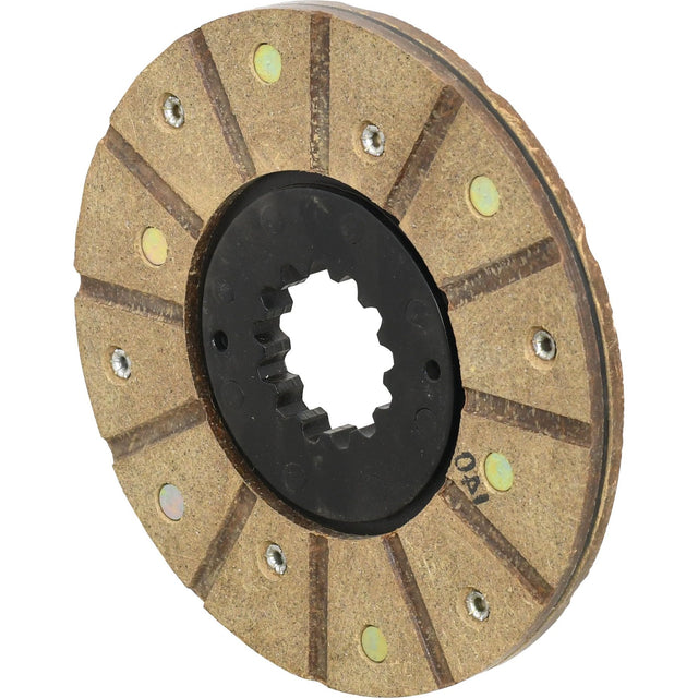 The Sparex Brake Friction Disc (Sparex Part No.S.42793) features a circular metallic clutch plate with radial slots and a black centered hub featuring a splined inner ring. Specifically designed for models like the Landini 5500, this disc offers superior performance with its optional organic lining. It has an outer diameter of 165mm.