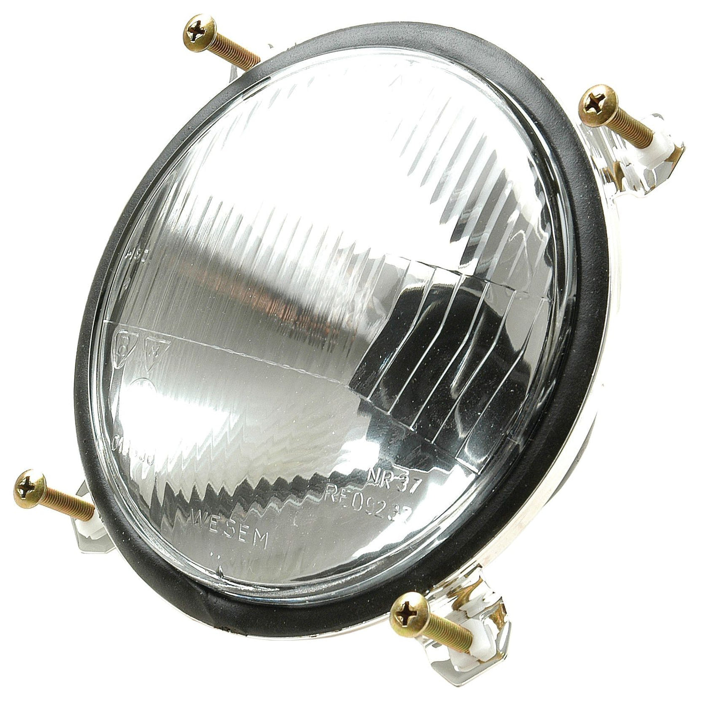 Close-up of the Sparex Head Light (Halogen) - S.42800, featuring a clear lens, black rubber seal, and four brass mounting screws. Designed for both RH & LH fitment with RH Dip and 12V compatibility, this headlight guarantees reliable illumination and durability.