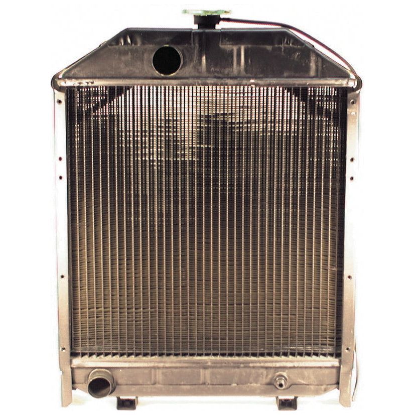 The Radiator - S.42802 by Sparex is a large metal vehicle radiator featuring several vertical fins, an opening at the top with a sturdy radiator cap, and two connector ports at the bottom. It's an ideal component for use as a Sparex cooler.