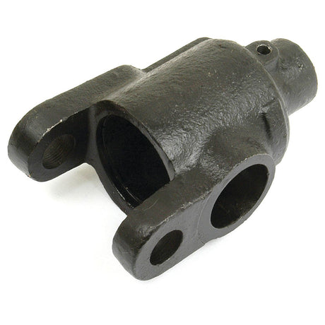 The Levelling Box Gear Housing - 1" (Sparex Part No.S.4280) is a black metal mechanical part with cylindrical openings and two flanged ends, designed for use in industrial machinery or automotive applications. Compatible with Ford/New Holland models, this component ensures secure mounting with its specific Fork Hole Ø and precise thread size.