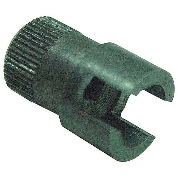 The Tacho Drive Connector, Sparex Part No.S.42818 by Sparex, is a small, cylindrical metal tool featuring a hollow center and notched opening at one end, designed for specific technical applications in Perkins Motor systems.