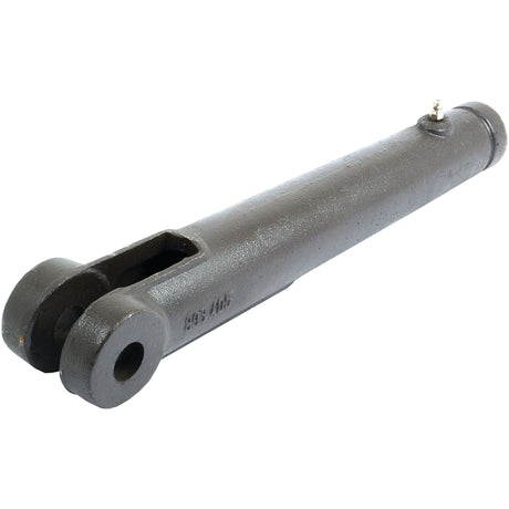 The Levelling Box Fork - 1 UNS, manufactured by Sparex (Part No. S.4281), is a metal hydraulic cylinder with a cylindrical shape, designed for Ford / New Holland MAJOR tractors. It includes a mounting bracket on one end and a grease fitting on its side. The cylinder features a fork hole with a diameter of 19.5mm and has an overall length of 321mm.

