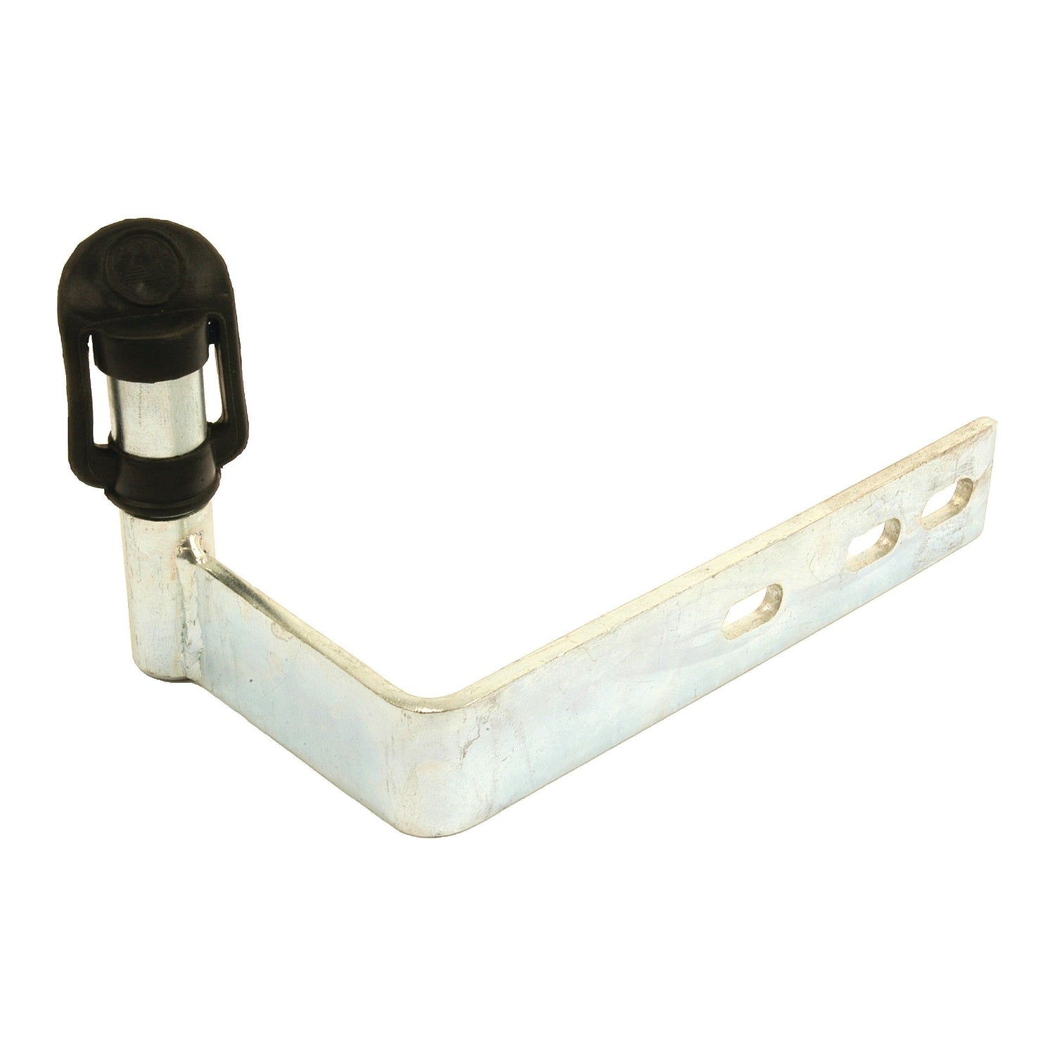 The Beacon Bracket (RH) - S.42828 from Sparex is a metallic L-shaped bracket with a cylindrical black and silver attachment on the shorter edge, featuring three oval holes on the longer edge, ideal for Ford assembly.