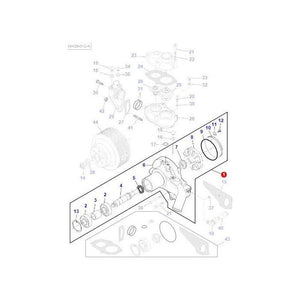 A technical diagram illustrating the components and assembly of an automotive part, including numbered parts and annotations for precise identification, specially designed for AGCO's Massey Ferguson models with Dyna-VT transmissions, specifically featuring the Water Pump - V837079839 - ACP055583A.