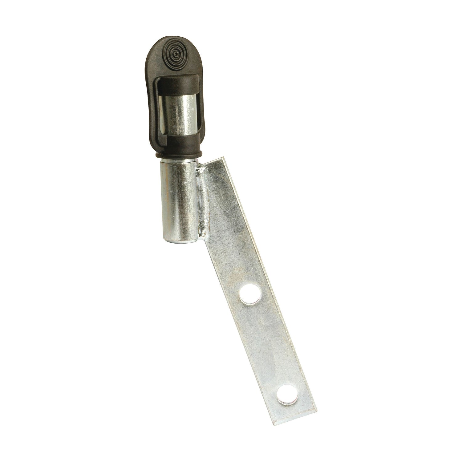 The Beacon Bracket (RH & LH) - S.42831 by Sparex is a metal hinge with two screw holes and a cylindrical pin attachment. The top part of the hinge is black, featuring a cylindrical joint mechanism and includes a Sparex rubber end cap for added protection.