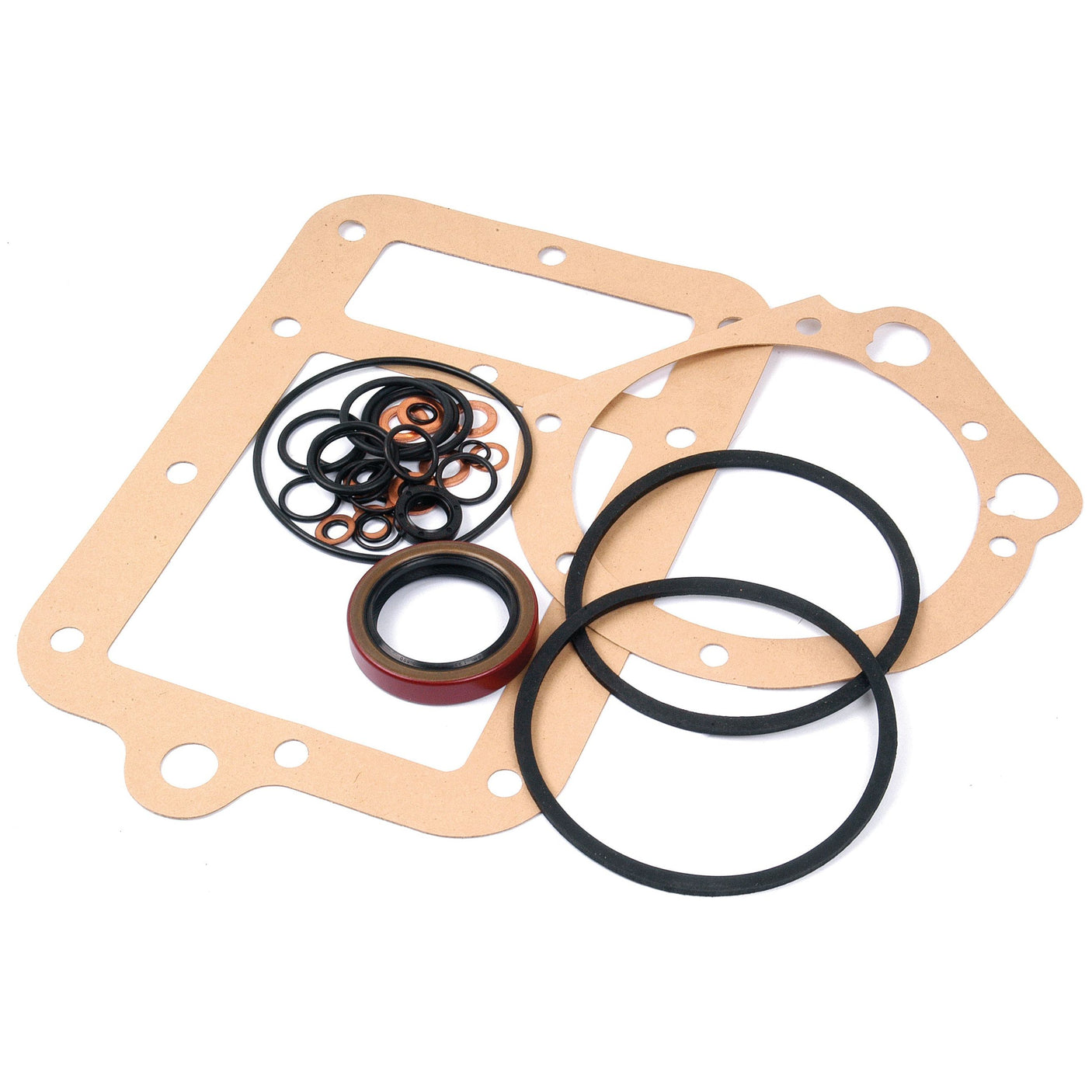 A comprehensive Transmission Gasket Set, including O-rings and seals, carefully arranged on a white background. Ideal for Massey Ferguson transmission repairs, this set is known as Sparex Part No.S.42839 by Sparex.