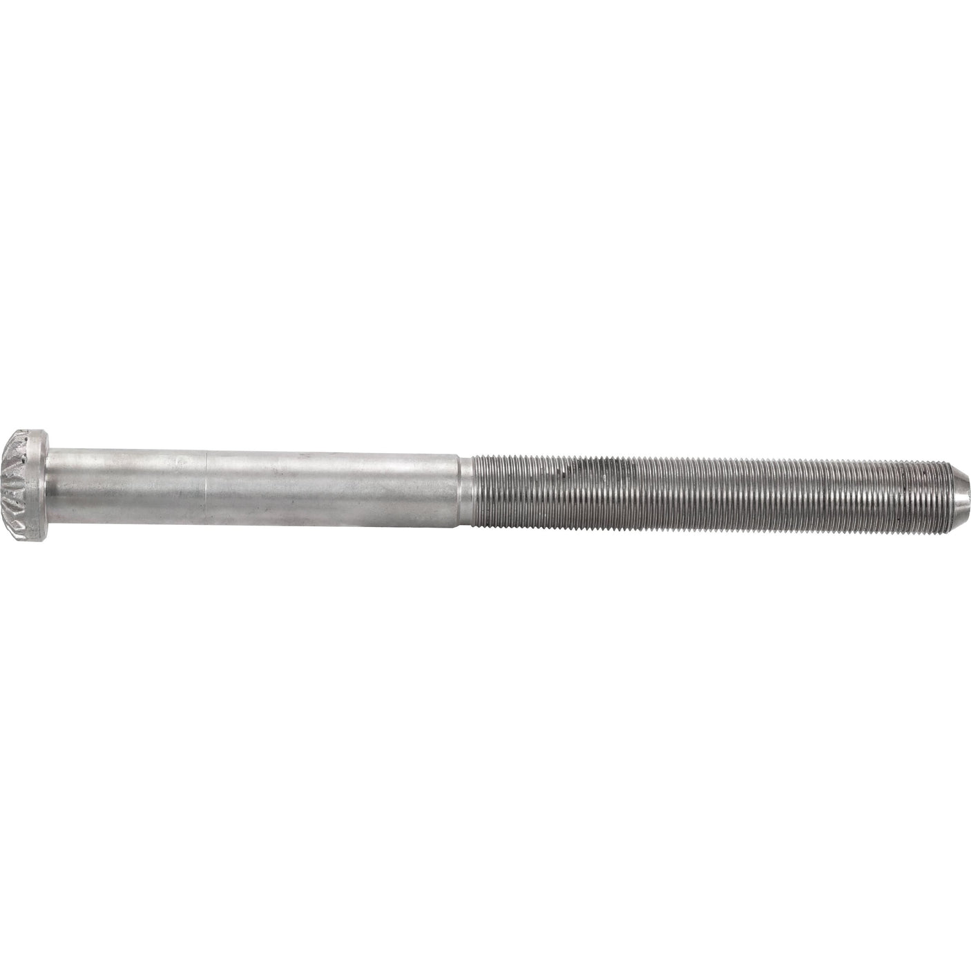 The Sparex Levelling Box Shaft - 1 UNC - Splines (Part No. S.4286), featuring a partially smooth, threaded metallic bolt with a hexagonal head, is shown against a white background and is ideal for Massey Ferguson machinery.