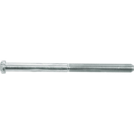 A Sparex Levelling Box Shaft (Part No. S.4288) featuring a silver, metallic finish with a smooth shank and threaded end, complete with splines and a hexagonal head, designed for Massey Ferguson machinery.