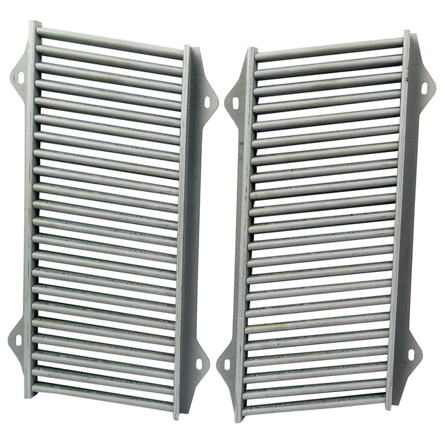 Two grey metal grill grates with parallel bars are placed side by side. Each grate, which is part of the durable Front Grille set (Sparex Part No.S.42914), has mounting holes at the four corners, making it suitable for Massey Ferguson and Landini tractors. This product is from the Sparex brand.