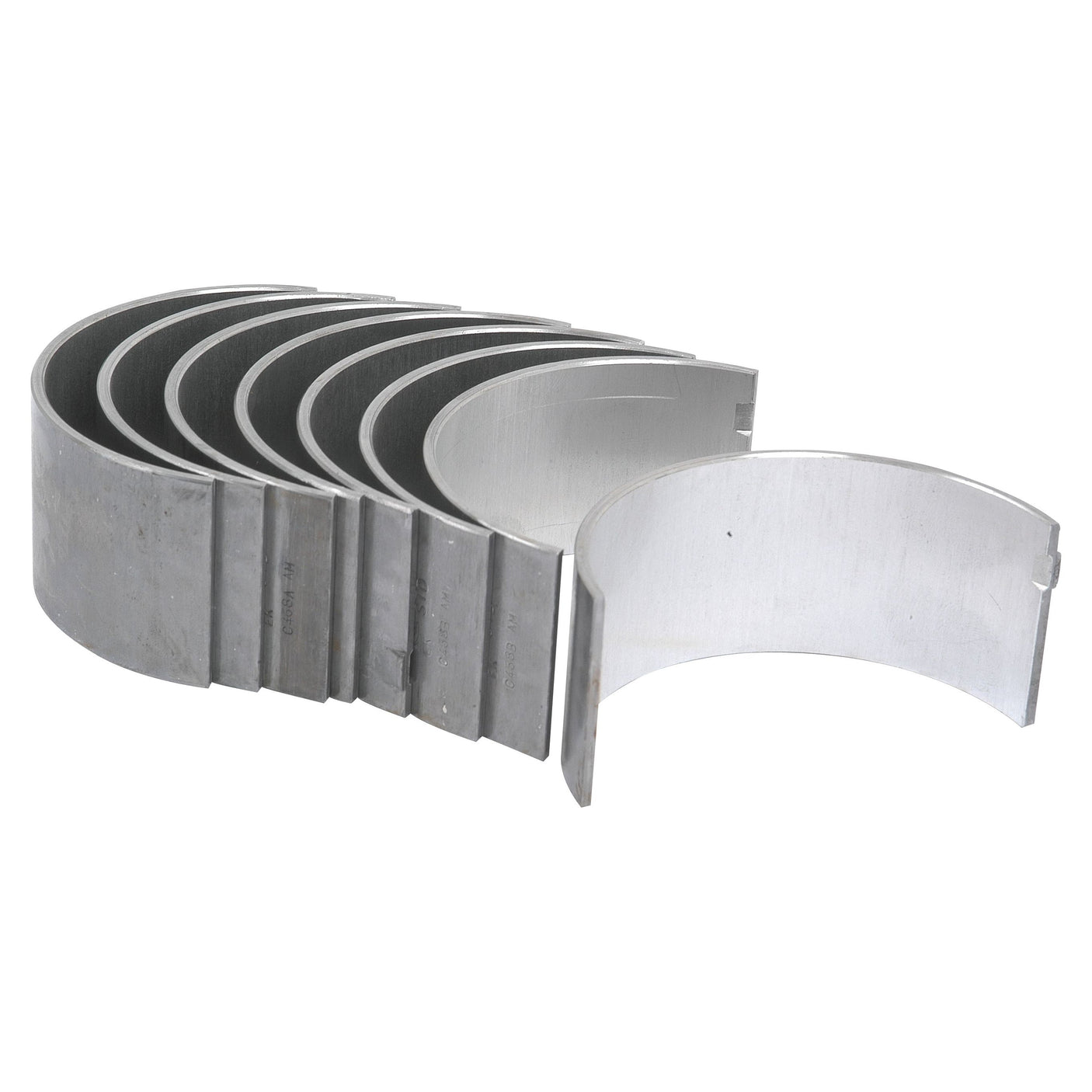 A set of seven metallic semi-circular engine bearings, perfect for Perkins engines, arranged in a partial stack. Find them under the product name "Conrod Bearing Std. Set" by Sparex (Part No.S.42922).