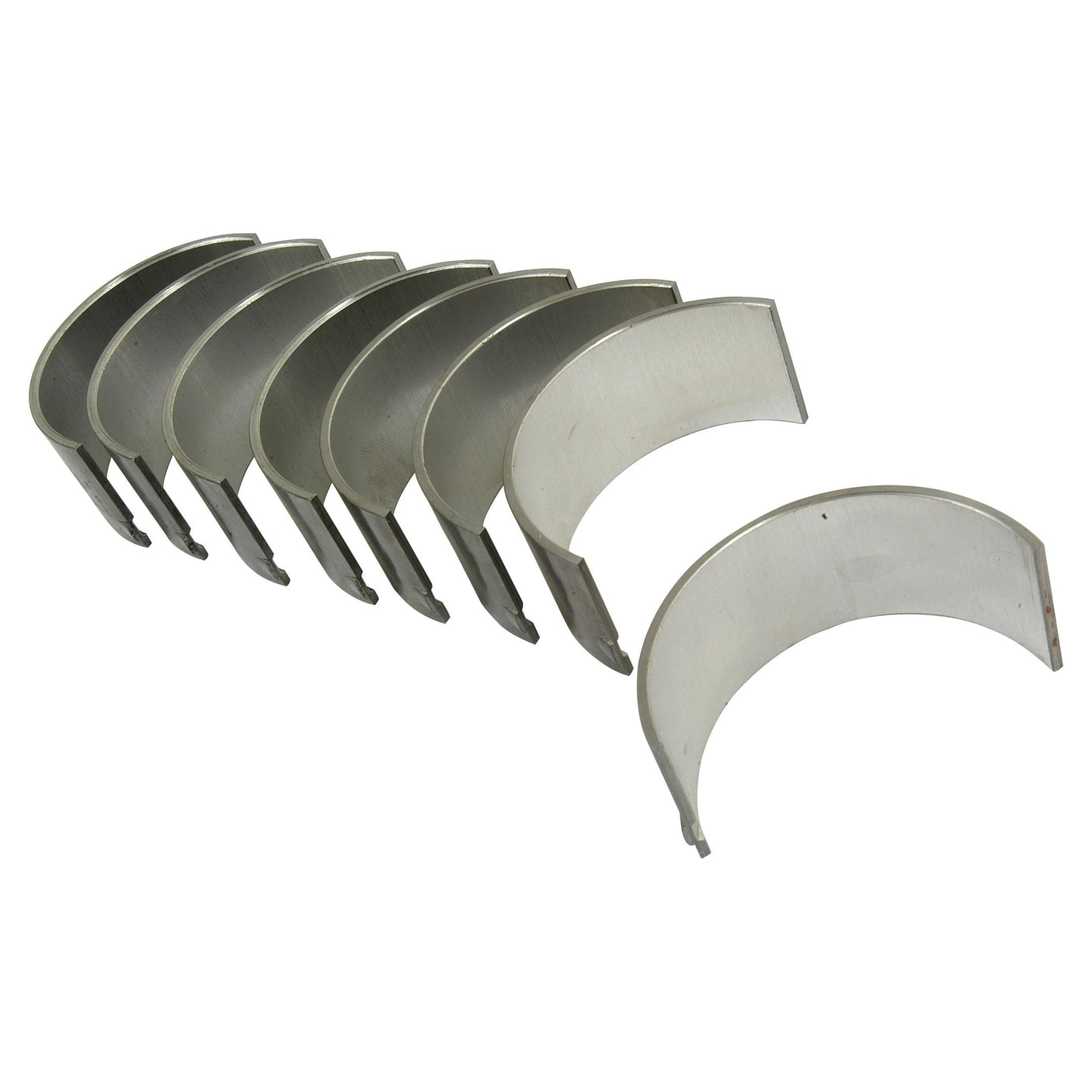 A set of six Sparex Conrod Bearings +0.020'' (0.50mm), arranged in a partially overlapping row, ideal for repairing Massey Ferguson and Perkins machinery (Sparex Part No. S.42924).