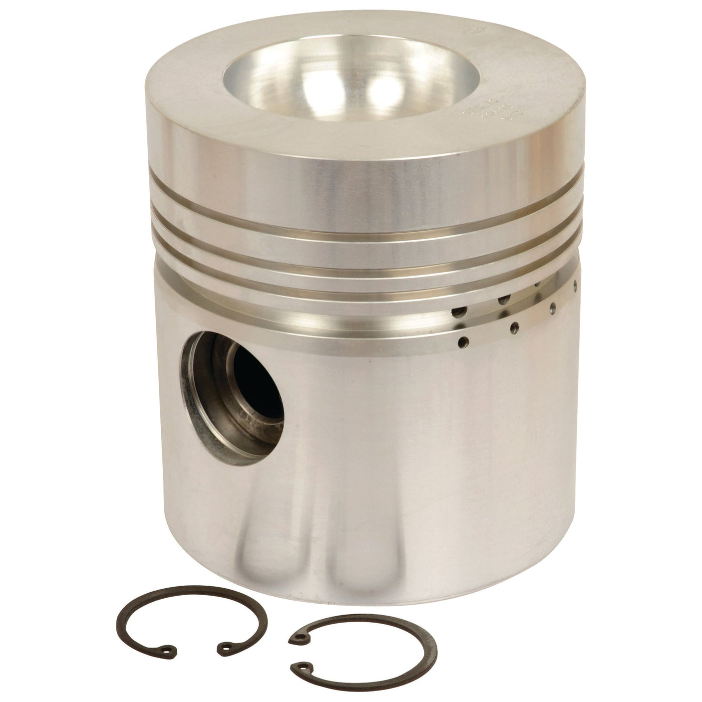 The Sparex Piston (Standard) - S.42929 is a metallic, cylindrical component that includes several grooves, a central cavity, and a side hole. Engineered to meet exact bore diameter specifications, it comes with two circular snap rings positioned beside the piston.