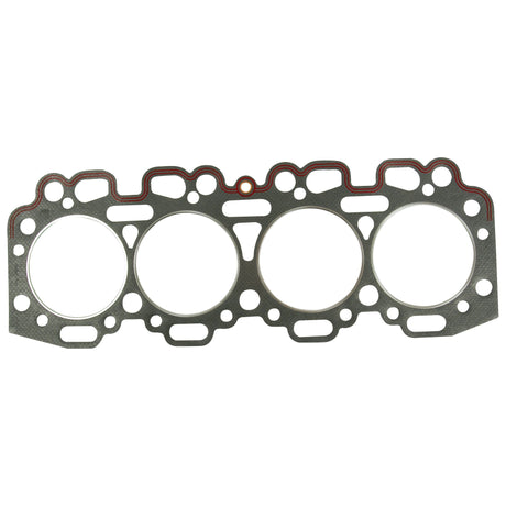 The Sparex Head Gasket - 4 Cyl. (4.318, A4.318, A4.318.2), Part No. S.42930, is a metal multi-layer gasket specifically designed for Perkins Engine Model 4.318, featuring four circular openings and numerous smaller holes, reinforced with TSA-Mineral Fibre Board/Steel to enhance durability.
