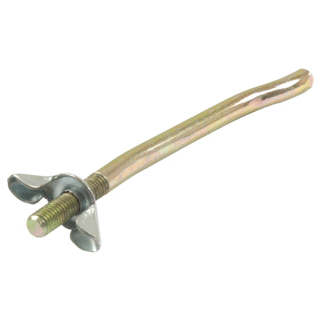 A Bonnet Catch Assembly (Sparex Part No. S.42932) by Sparex, featuring a bent metallic rod with a threaded end and butterfly nut attached, used as a bonnet catch in Massey Ferguson tractors.