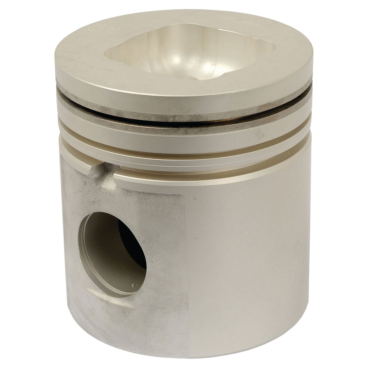 The Sparex Piston (Standard) - S.42937, featuring grooves and a hollow center, stands upright against a plain white background, showcasing its impressive compression height in a sleek silver color.