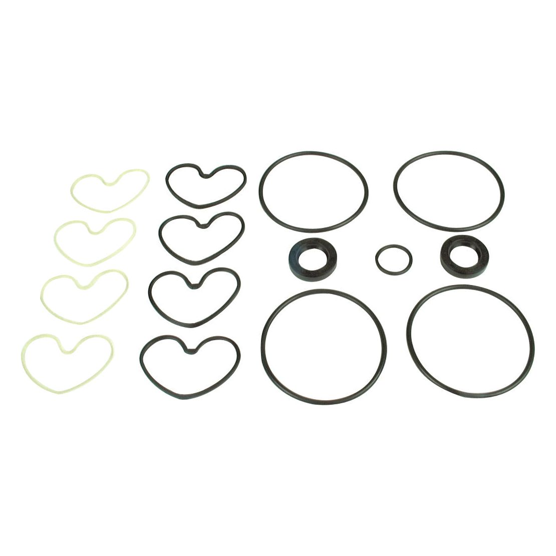 Sparex's Seal Kit (Hydraulic Pump - Sunstrand/Turolla), Part No. S.42942, featuring black rubber O-rings and white rubber heart-shaped gaskets for repairing Hydraulic Pumps on Massey Ferguson tractors, is neatly arranged in rows on a white background.