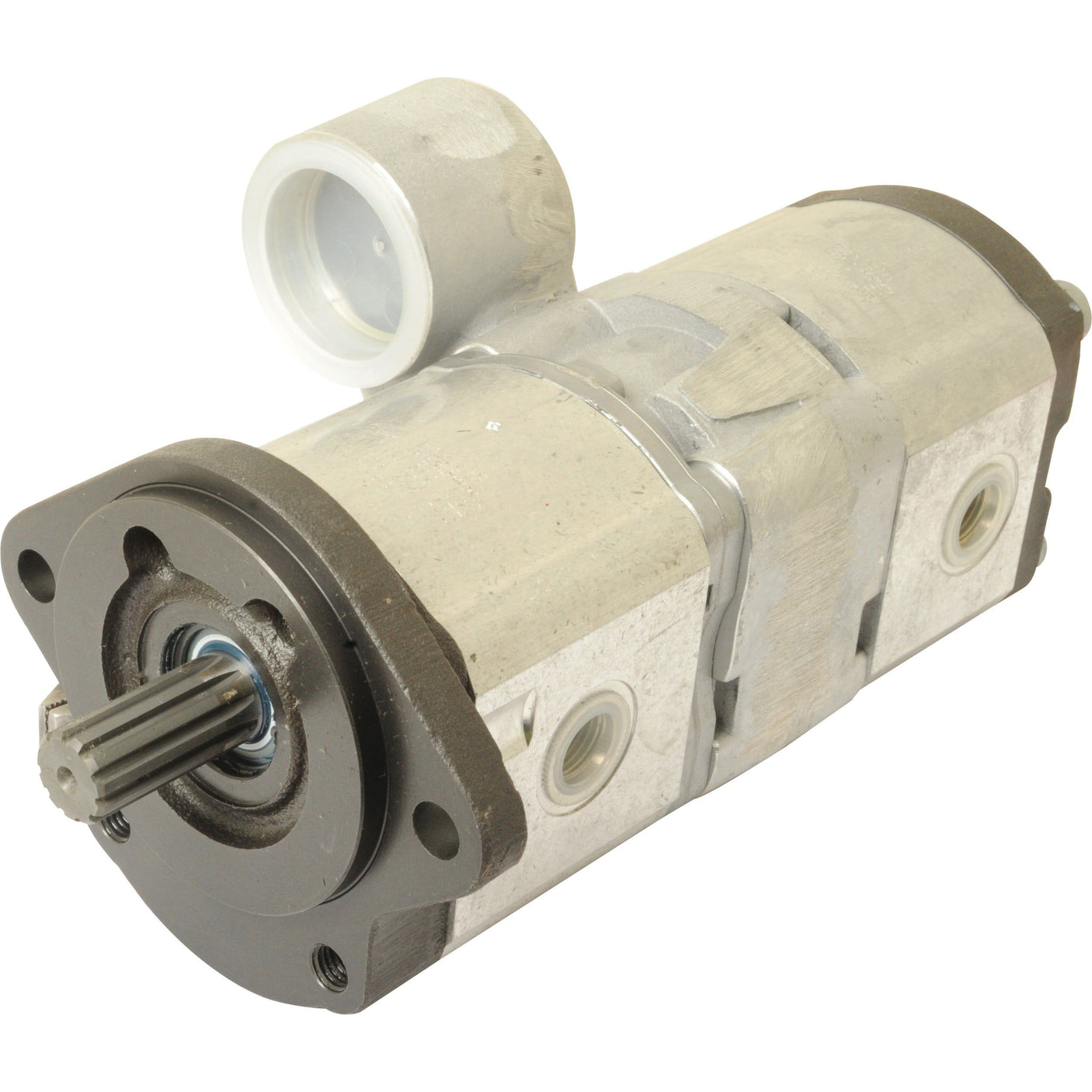 Image of the Sparex Tandem Hydraulic Pump - S.42943, featuring a metal construction with multiple ports, a rotating shaft, and clockwise pump rotation. This cylindrical-shaped pump is primarily silver in color with some darker components.