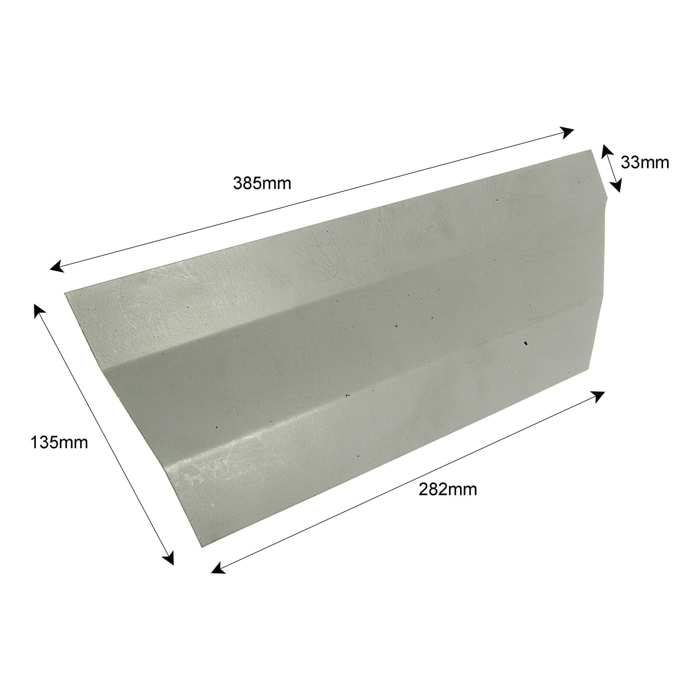 Image of the Fender Extension Plate RH by Sparex (Sparex Part No.S.42946), resembling a white metallic sheet commonly used in Massey Ferguson tractors, with dimensions labeled: 385mm width, 33mm height, 135mm depth, and 282mm length.