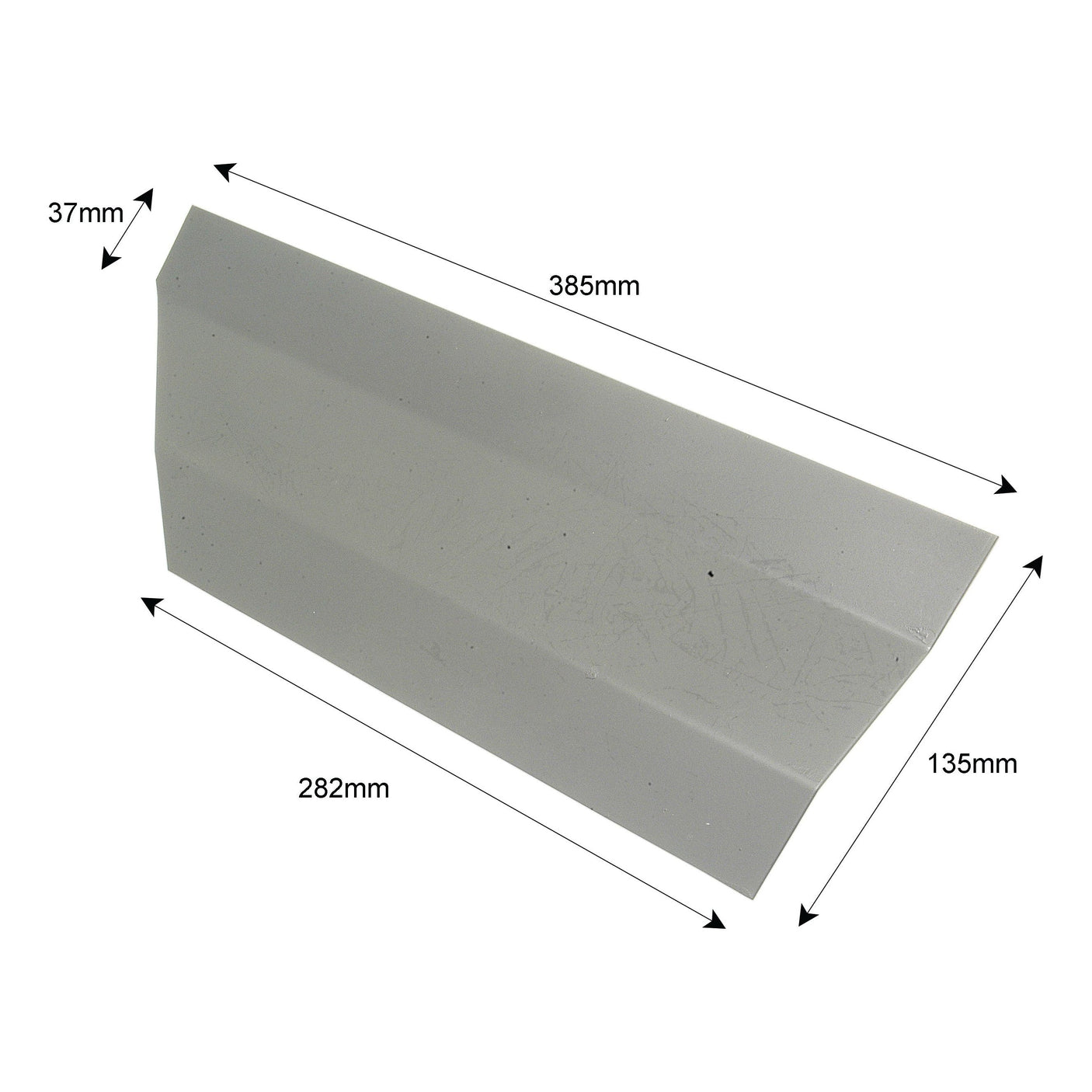 A gray, angular object identified as the Fender Extension Plate LH by Sparex (Sparex Part No.S.42947), with dimensions labeled as 37mm, 385mm, 282mm, and 135mm.