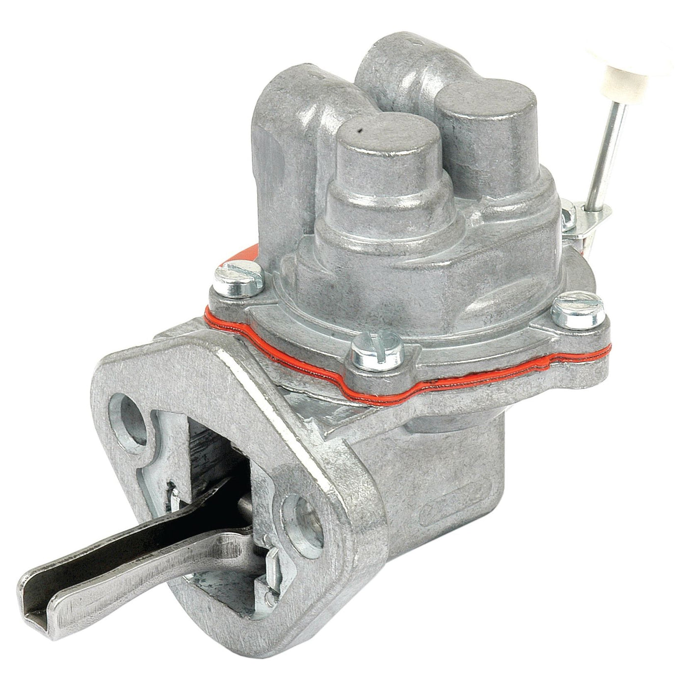 The Sparex Fuel Lift Pump (Part No. S.42949) is a silver metal component designed for Massey Ferguson and Perkins engines, featuring multiple cylindrical parts, a lever extending from the base, and connecting bolts.