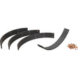 Four black arc-shaped metal pieces and a small pile of copper-colored riveted screws, part of the Sparex Brake Lining Kit Shoe (340mm) - Sparex Part No. S.42951.