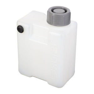 A white plastic container (Massey Ferguson - Can - 4296047M1) with a grey screw cap and a black valve on the side, by AGCO, perfect for maintaining your MF 8737 or MF 8650 tractor by Massey Ferguson.