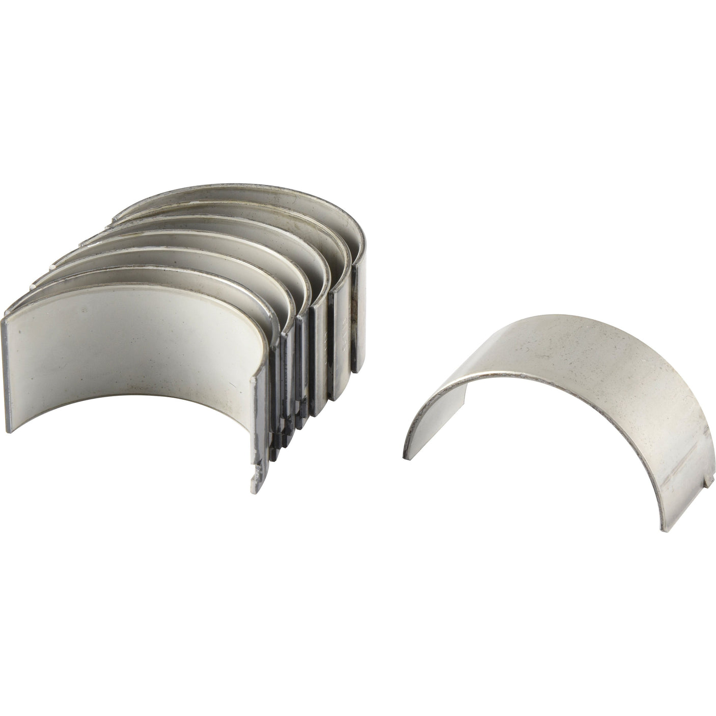 A set of metal Conrod Bearing Std. Set (Sparex Part No.S.42972) by Sparex, with seven bearings stacked on the left and one individual bearing separated on the right, placed on a white background, ideal for use in Massey Ferguson machinery.