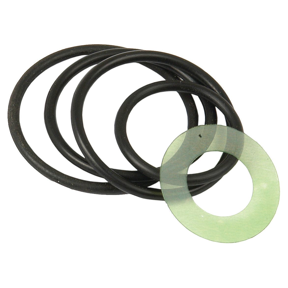 The Sparex Seal Kit (Spool Valve), Sparex Part No. S.42993, includes a set of three black rubber O-rings and one translucent green gasket, ideal for maintaining the efficiency of your Massey Ferguson spool valve.