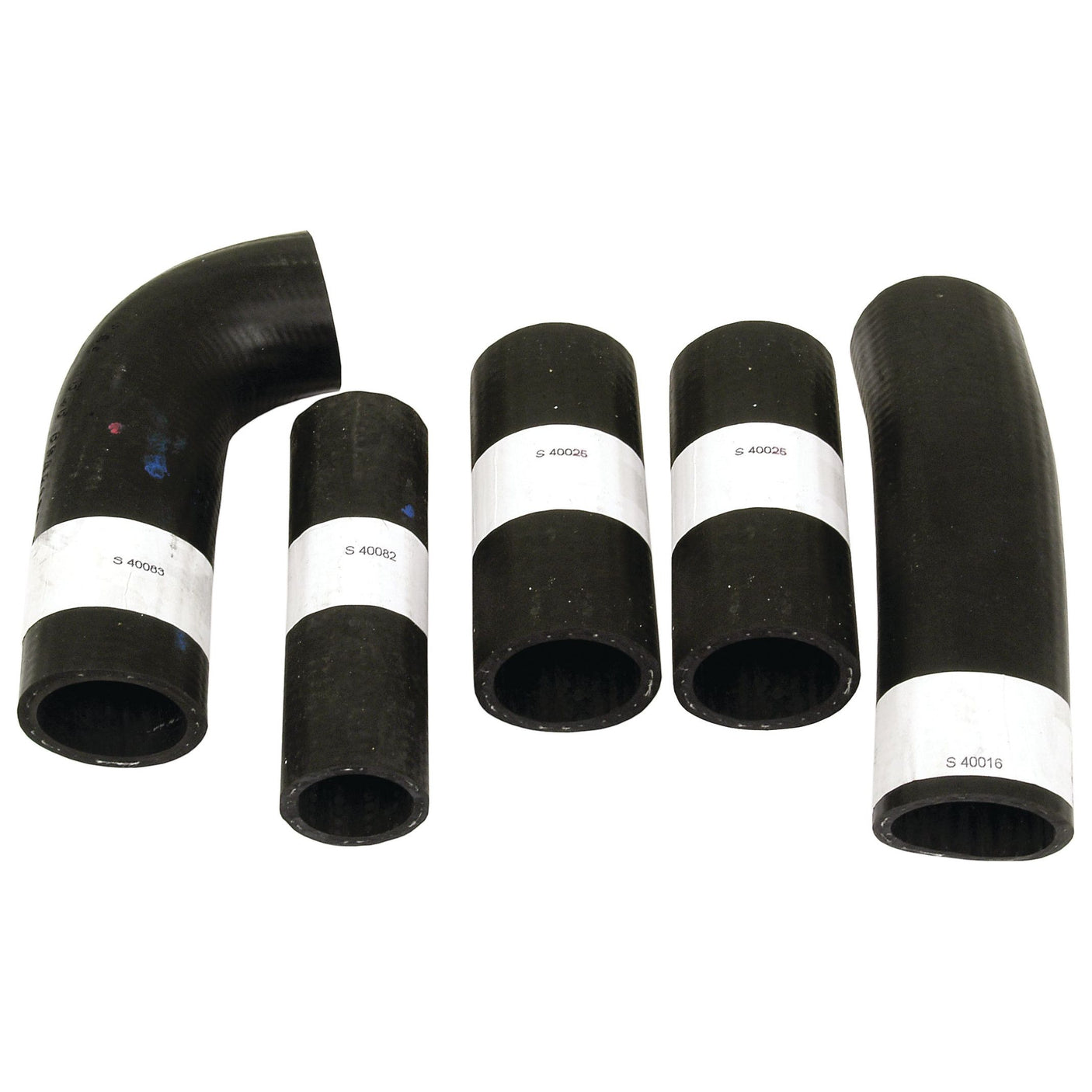 A display showcases a set of five black rubber hoses, branded as Sparex and suitable for Massey Ferguson equipment. The **Sparex Hose Set (Part No. S.43006)** includes two curved and three straight hoses, each with a white label featuring informative text.